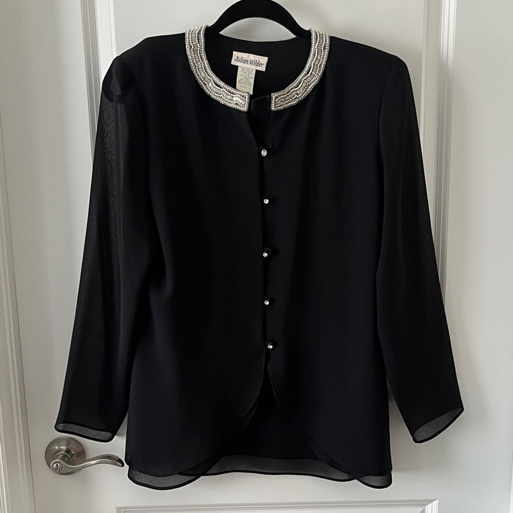 Julian Wilder VTG Petite Chic Black Blouse with Beaded Collar Crystal Buttony